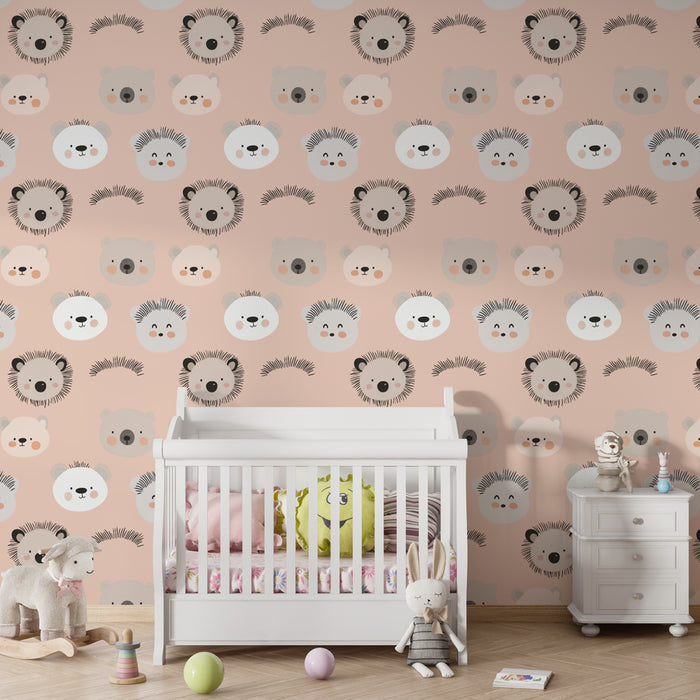 Kids room wallpaper with patterns | Adorable animal faces on a pink background