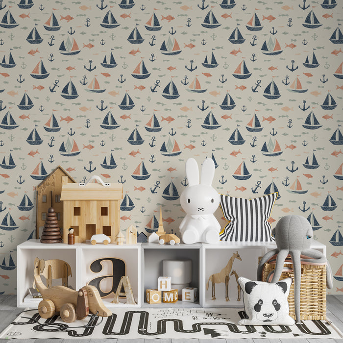 Kids room wallpaper with patterns | Sailboats and colorful fish