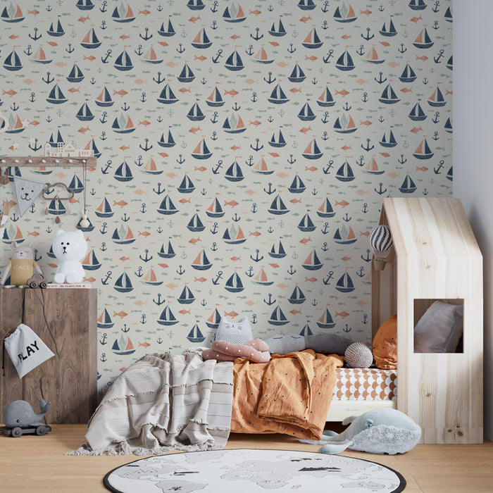 Kids room wallpaper with patterns | Sailboats and colorful fish