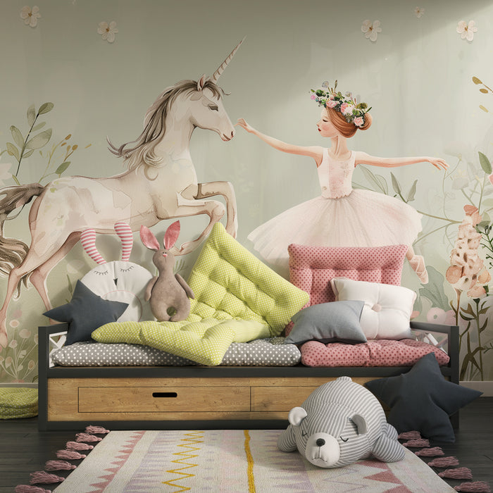 Tapet pentru camera copilului - Dans feeric între balerină și unicorn într-o grădină fermecată