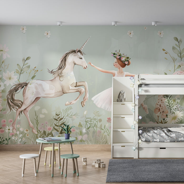 Tapet pentru camera copilului - Dans feeric între balerină și unicorn într-o grădină fermecată