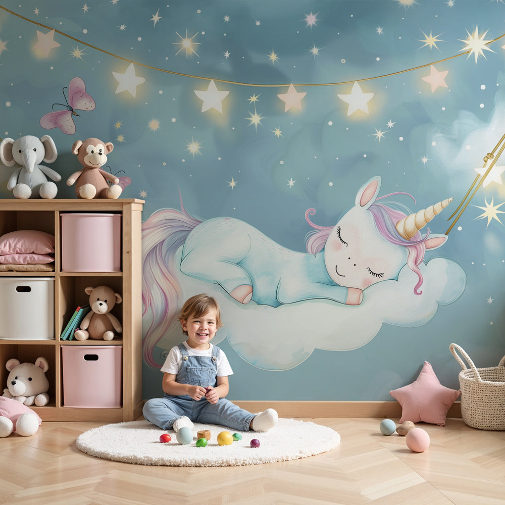 Papel de parede criança | Unicórnio adormecido em uma nuvem no meio deI18n  Error: Missing interpolation value \, image size:1000x1000