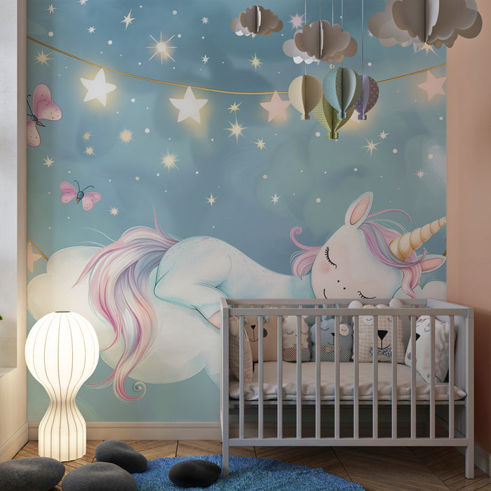 Papier peint chambre enfant | Licorne céleste endormie sur un nuage au milieu des étoiles scintillantes