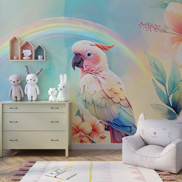 Tapet pentru camera copiilor - Papagal pastel așezat într-o grădină tropicală sub curcubeu