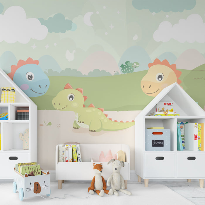 Papel pintado infantil - Pequeños dinosaurios divertidos en un paisaje encantador de tonos pastel