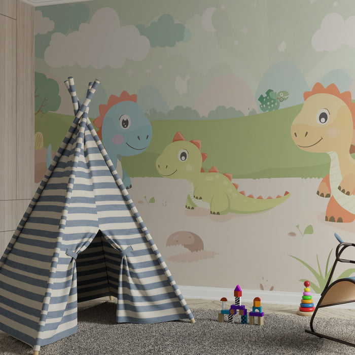 Papel pintado infantil - Pequeños dinosaurios divertidos en un paisaje encantador de tonos pastel