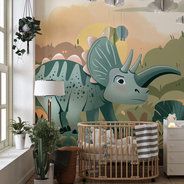 Kids room wallpaper - Fun triceratops exploring the jungle in twilight shades