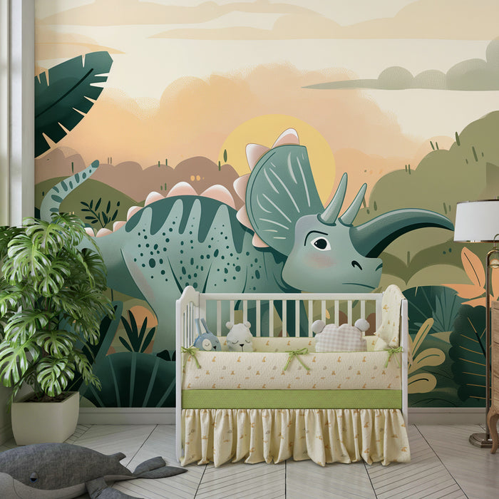 Kids room wallpaper - Fun triceratops exploring the jungle in twilight shades