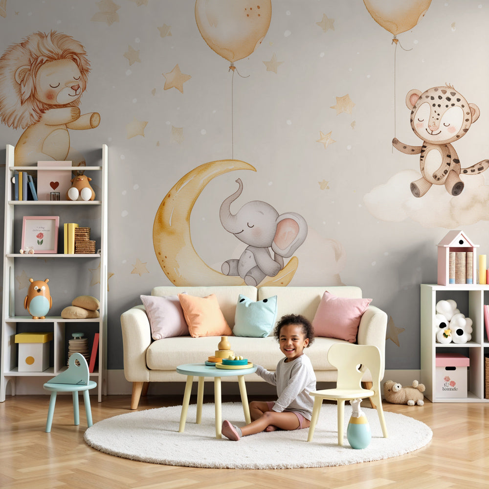 Børneværelse tapet | Dyr fra savannen på skyer og stjerner, blød og drI18n  Error: Missing interpolation value \, image size:1000x1000