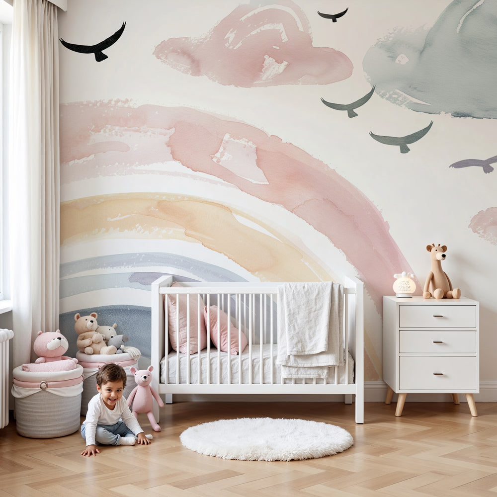 Nursery Room Wallpaper Watercolor Rainbow And Soft Clouds With Birds nursery-room-wallpaper-watercolor-rainbow-and-soft-clouds-with-birds