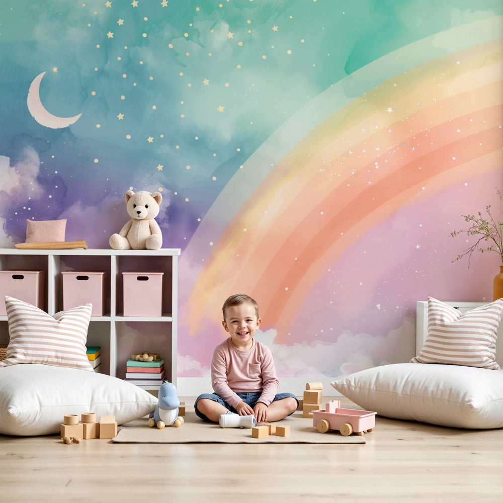 Babykamer behang | Magische regenboog met maan en sterren in een paste —  Kids Wall, image size:1000x1000