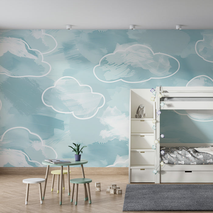 Papier peint chambre bébé | Nuages doux en aquarelle bleu pastel, ambiance apaisante et aérienne