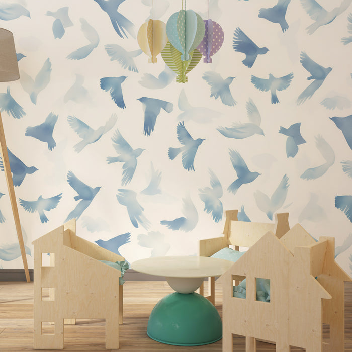 Papier peint chambre bébé | Oiseaux en vol aquarelle bleu, liberté et douceur céleste