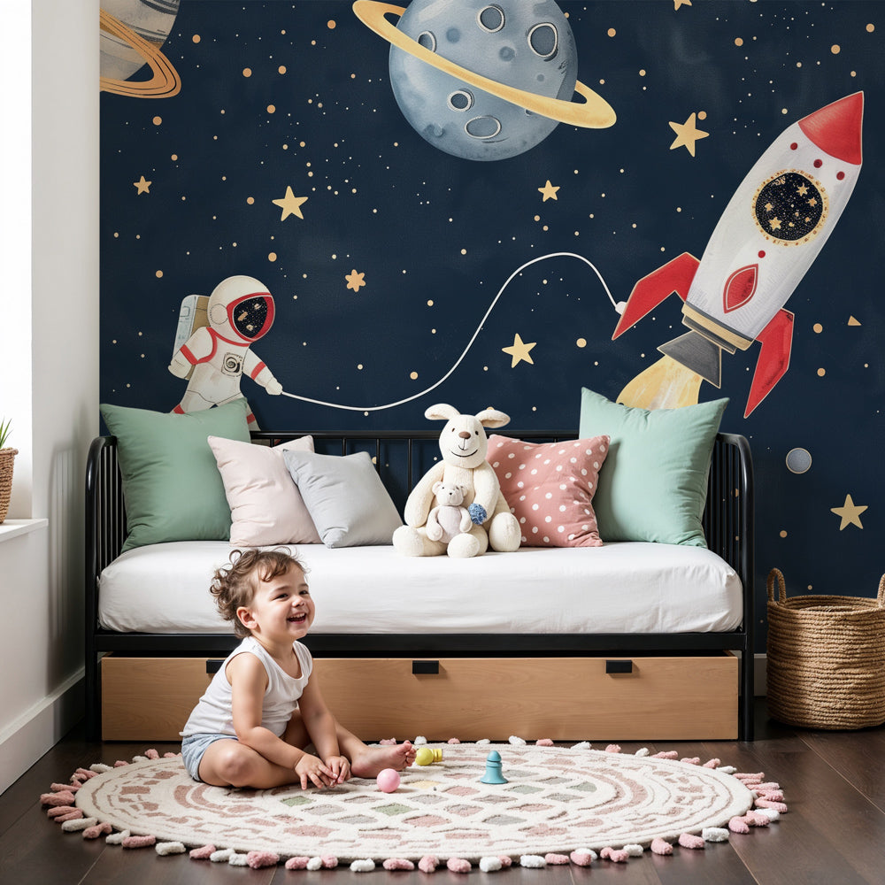 Papier peint chambre enfant | Astronaute flottant parmi les planètes e ...