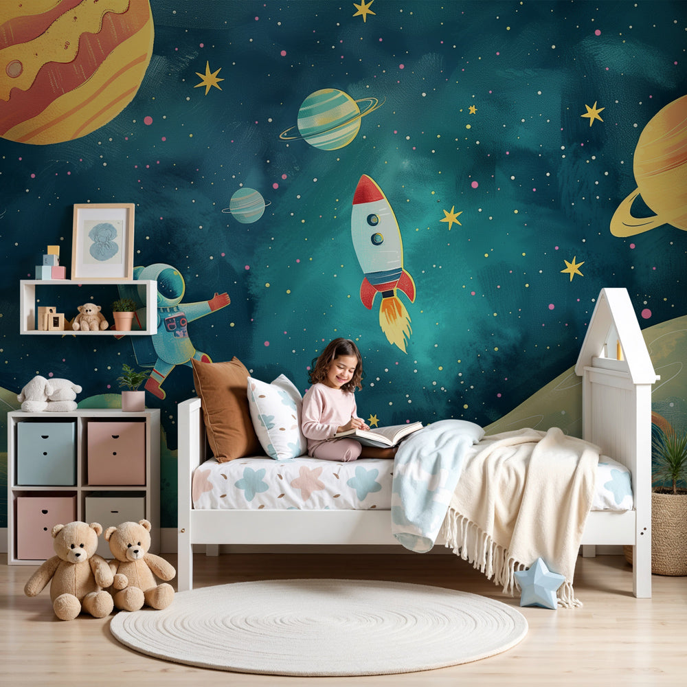 Kids room wallpaper Space exploration with rockets and colorful