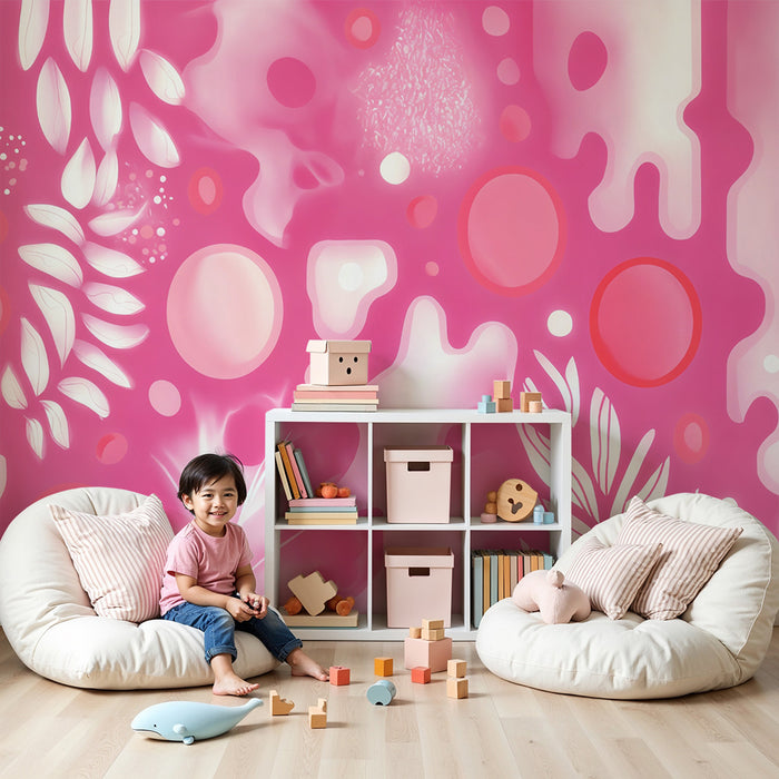 Lastenhuoneen tapetti | Vaaleanpunainen lehtikuvio ja taianomaiset ympyrät