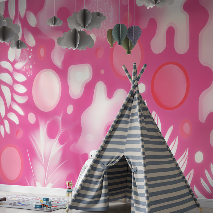 Lastenhuoneen tapetti | Vaaleanpunainen lehtikuvio ja taianomaiset ympyrät