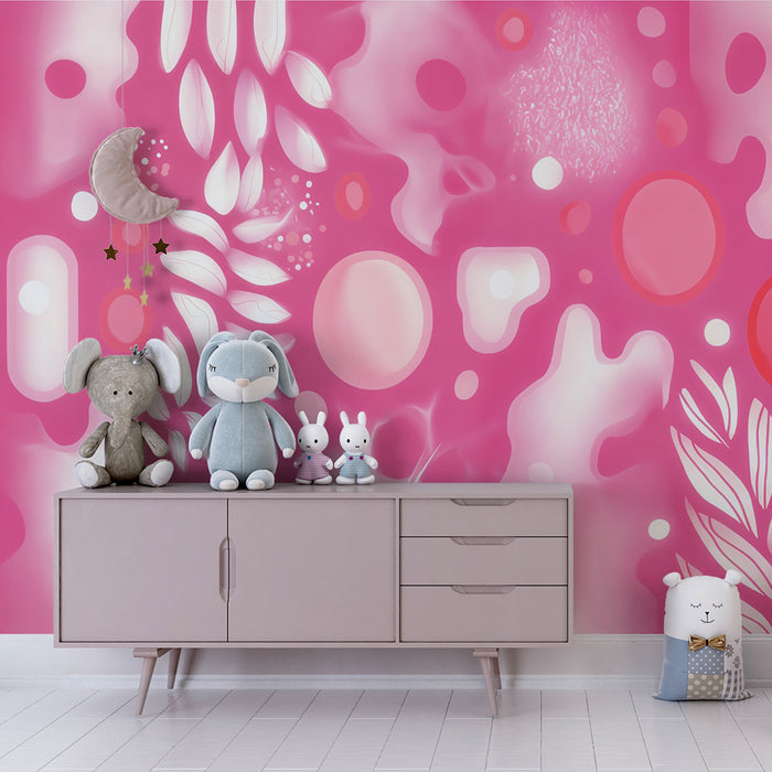 Lastenhuoneen tapetti | Vaaleanpunainen lehtikuvio ja taianomaiset ympyrät
