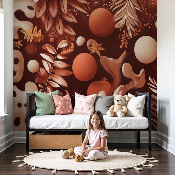 Papier peint chambre enfant | Feuillage et formes abstraites terracotta