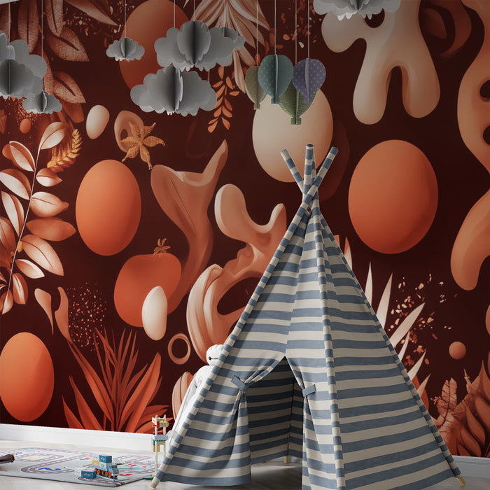 Papier peint chambre enfant | Feuillage et formes abstraites terracotta