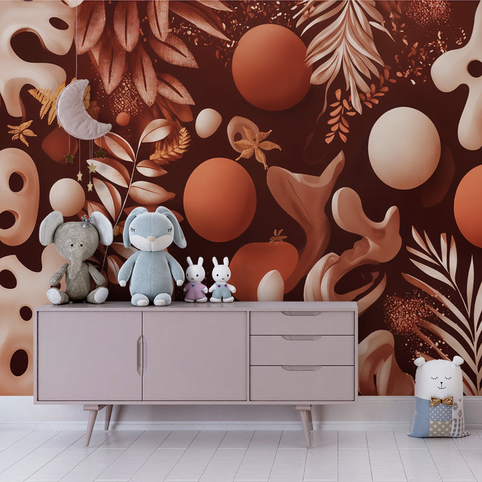 Papier peint chambre enfant | Feuillage et formes abstraites terracotta