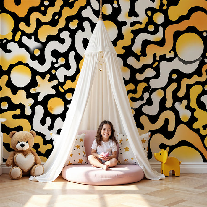 Papier peint chambre enfant | Motifs psychédéliques jaunes et noirs