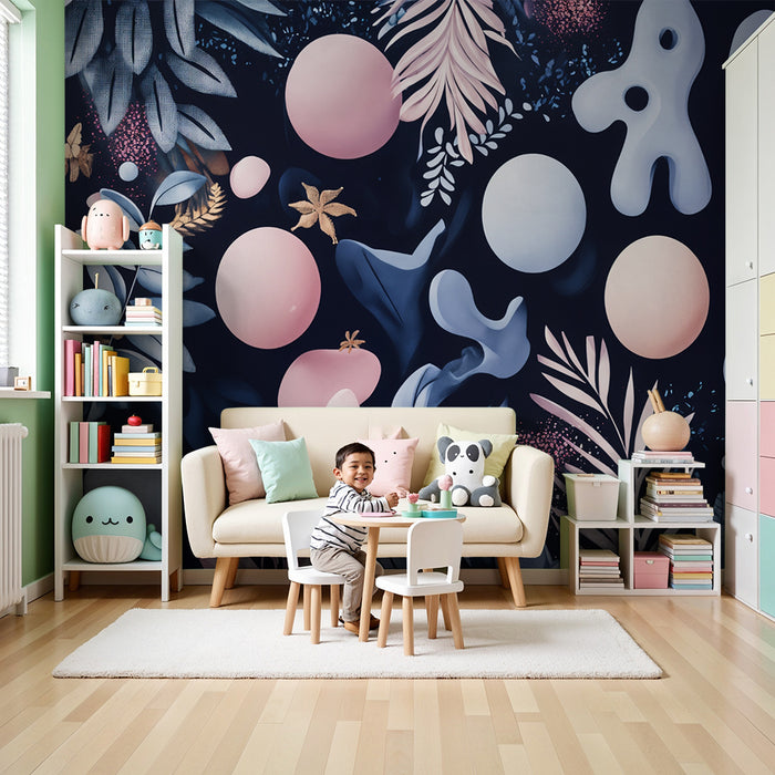 Carta da parati bambini | Foglie astratte e forme geometriche