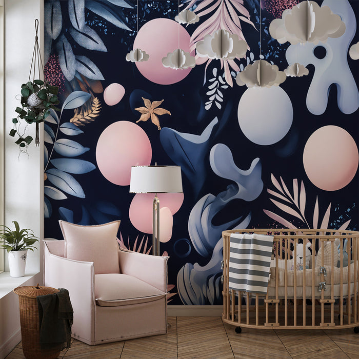 Carta da parati bambini | Foglie astratte e forme geometriche