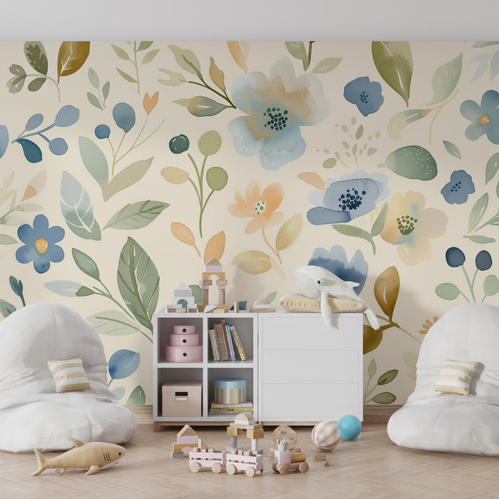 Papier peint chambre enfant | Jardin fleuri aux teintes pastel et bleutées