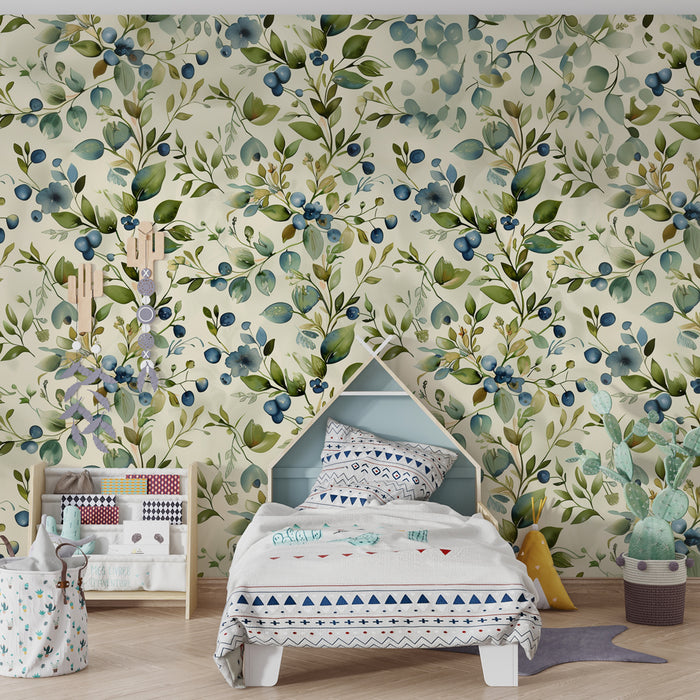 Babyzimmer Tapete | Sanfte florale Symphonie in Grün und Blau