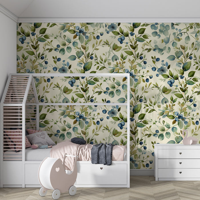 Babyzimmer Tapete | Sanfte florale Symphonie in Grün und Blau