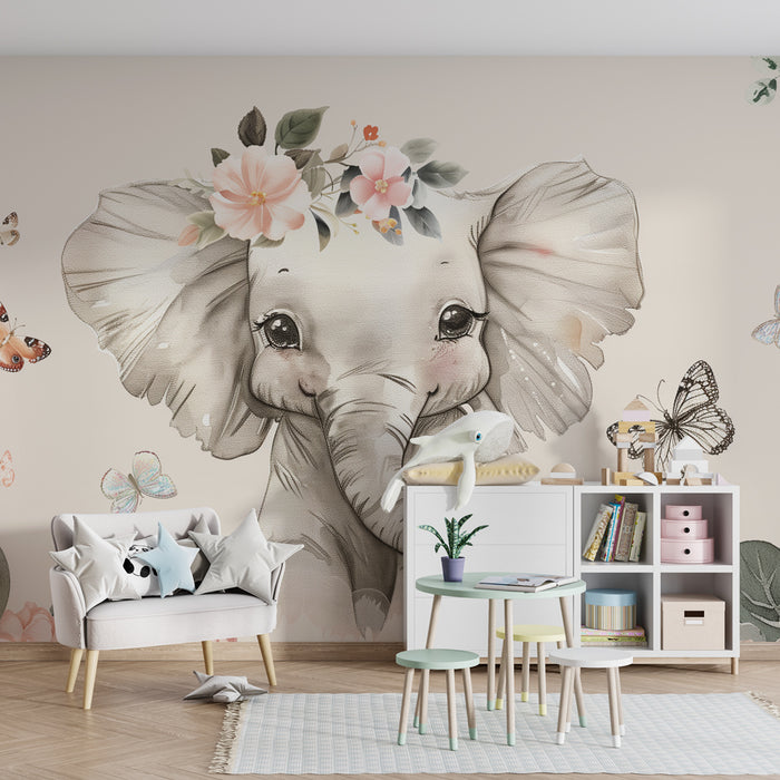 Børneværelse tapet | Elegant blomsterdesign med elefant og glade sommerfugle