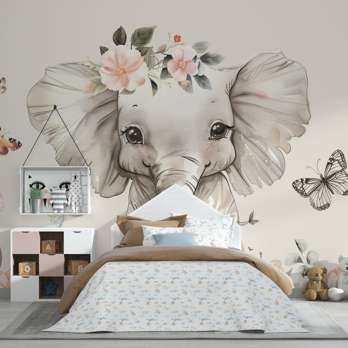 Børneværelse tapet | Elegant blomsterdesign med elefant og glade sommerfugle