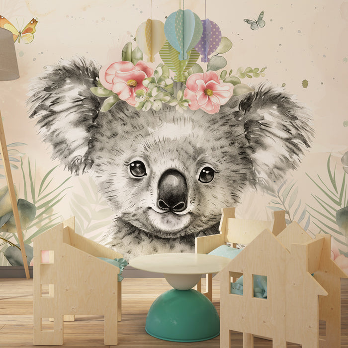 Tapeta do detskej izby | Veselý koala a pastelové kvety
