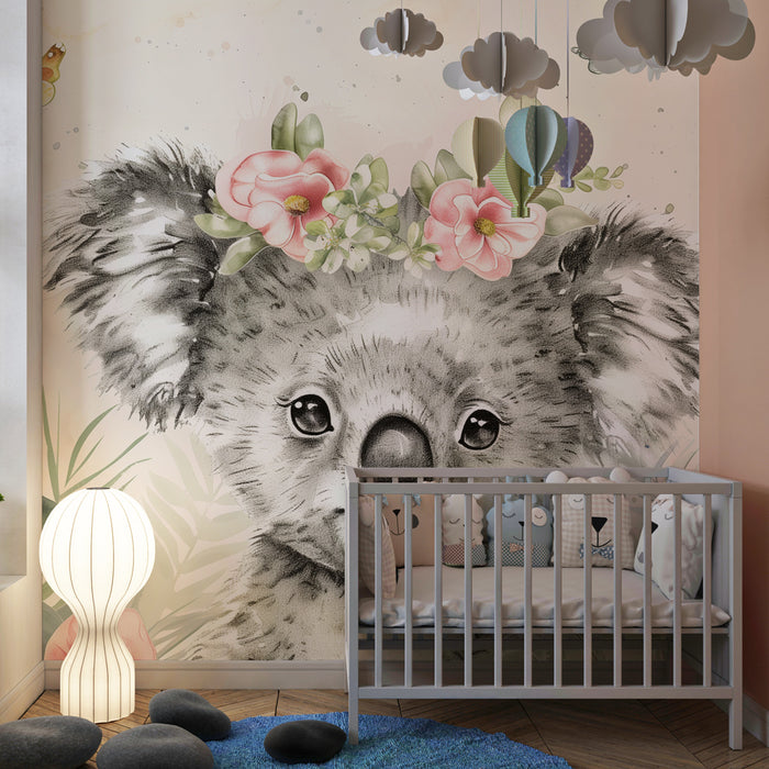 Tapeta do detskej izby | Veselý koala a pastelové kvety