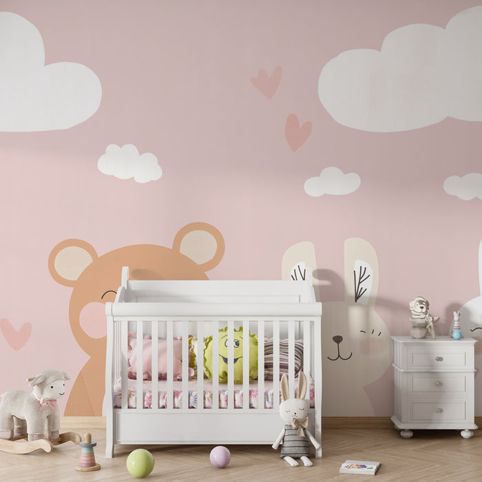 Babyzimmer Tapete | Pastellweichheit mit Tieren und verträumten Wolken