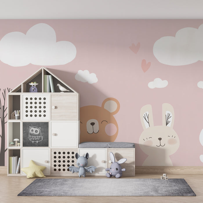Babyzimmer Tapete | Pastellweichheit mit Tieren und verträumten Wolken