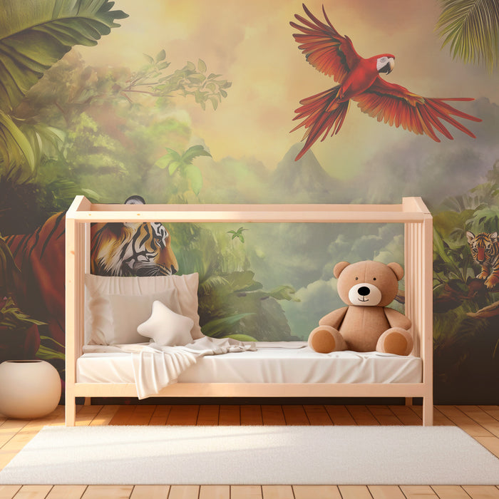 Kids room wallpaper | Exotic jungle with tigers and flamboyant parrot