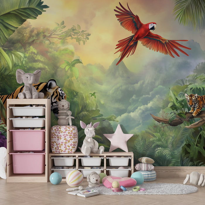 Kids room wallpaper | Exotic jungle with tigers and flamboyant parrot