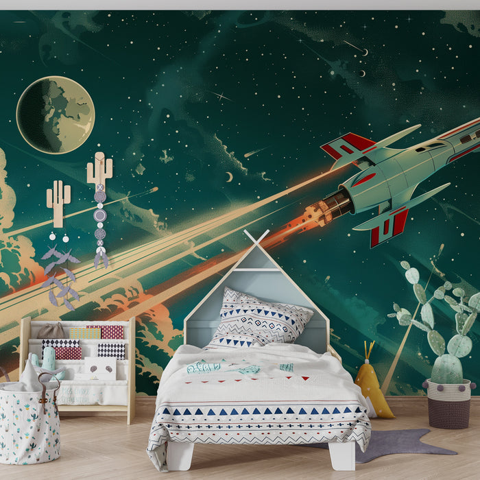 Carta da parati bambini | Avventura spaziale retrò - Razzo e cosmo stellato