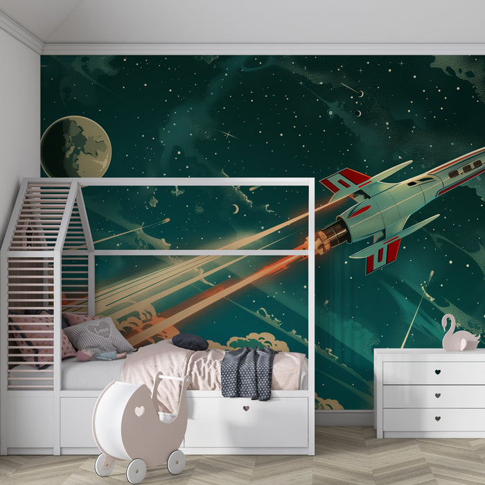 Carta da parati bambini | Avventura spaziale retrò - Razzo e cosmo stellato
