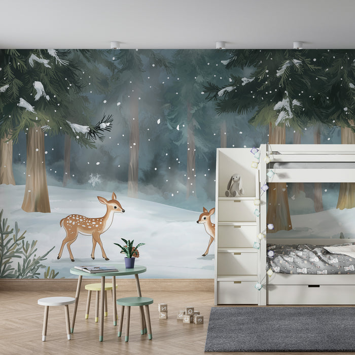 Babyzimmer Tapete | Verzauberter Winterwald mit Rehkitzen und Schneeflocken