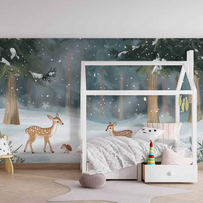 Babyzimmer Tapete | Verzauberter Winterwald mit Rehkitzen und Schneeflocken