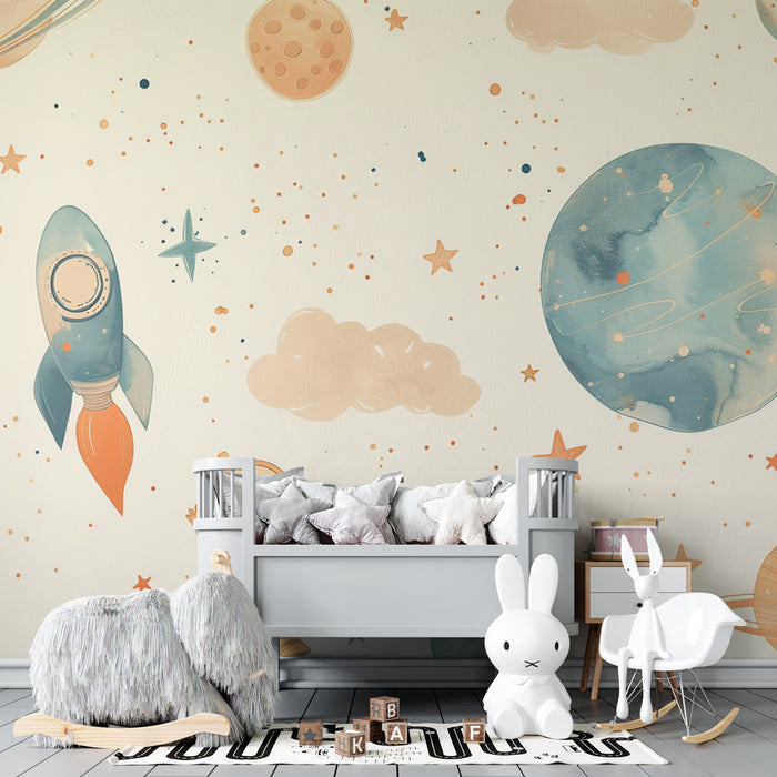 Tapety dla dzieci | Rakiety, planety i astronauta w pastelowych tonach