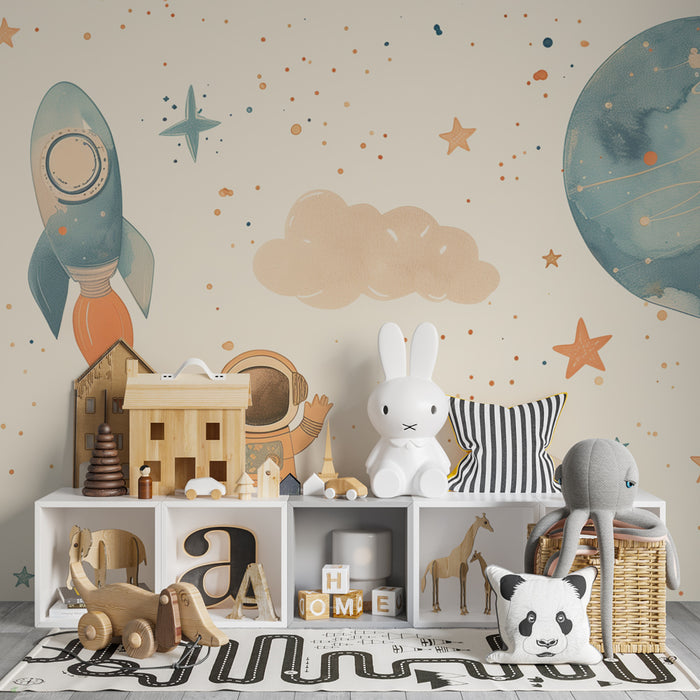 Tapety dla dzieci | Rakiety, planety i astronauta w pastelowych tonach