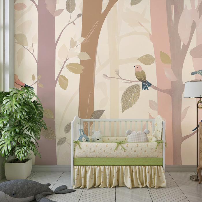 Kids room wallpaper | Enchanted forest with colorful birds and pastel trees