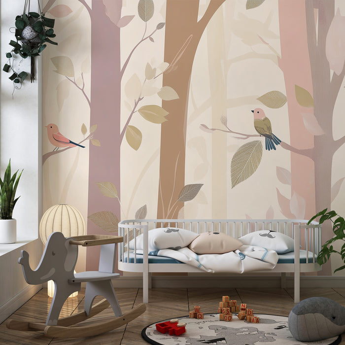 Kids room wallpaper | Enchanted forest with colorful birds and pastel trees