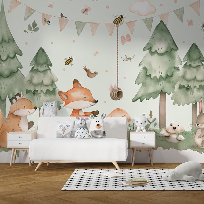 Kinderkamer behang | Betoverd bos met dieren en pastel paddenstoelen