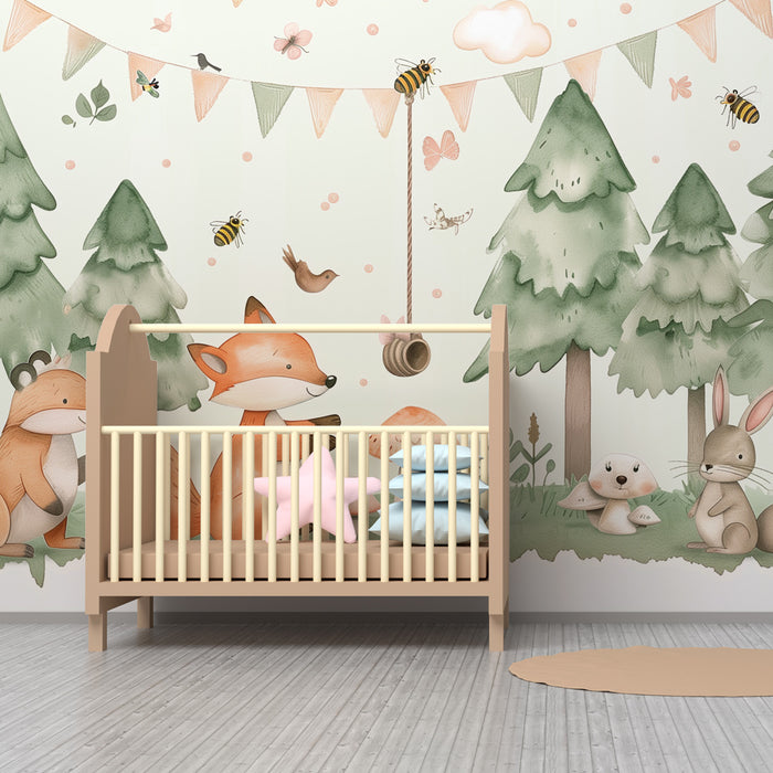 Kinderkamer behang | Betoverd bos met dieren en pastel paddenstoelen