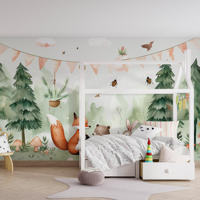 Kinderkamer behang | Betoverd bos met dieren en feestelijke slingers